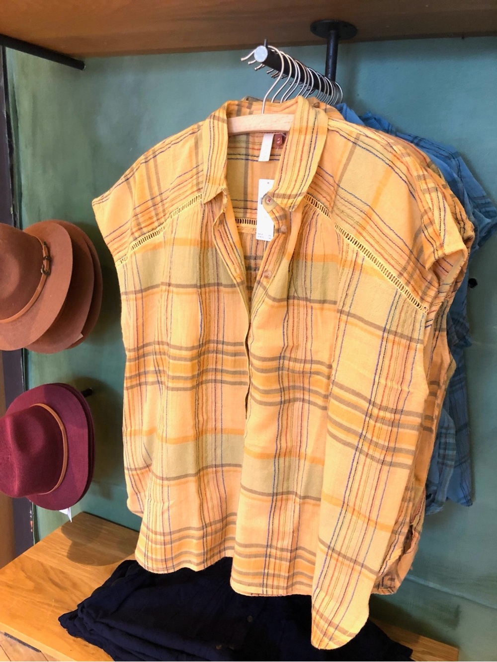 Anthropologie Mustard Plaid Short-Sleeve Button-Down Top